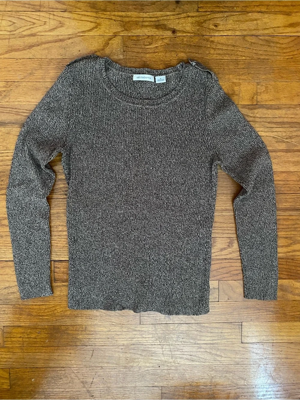 Liz Claiborne Brown Ribbed Crewneck with Shoulder Button